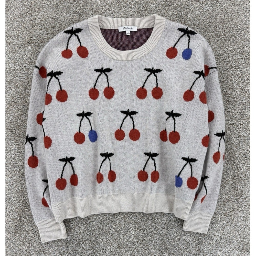 Madewell Cherry Print Knit Pullover Sweater Womens S Beige Long Sleeve Crew Neck